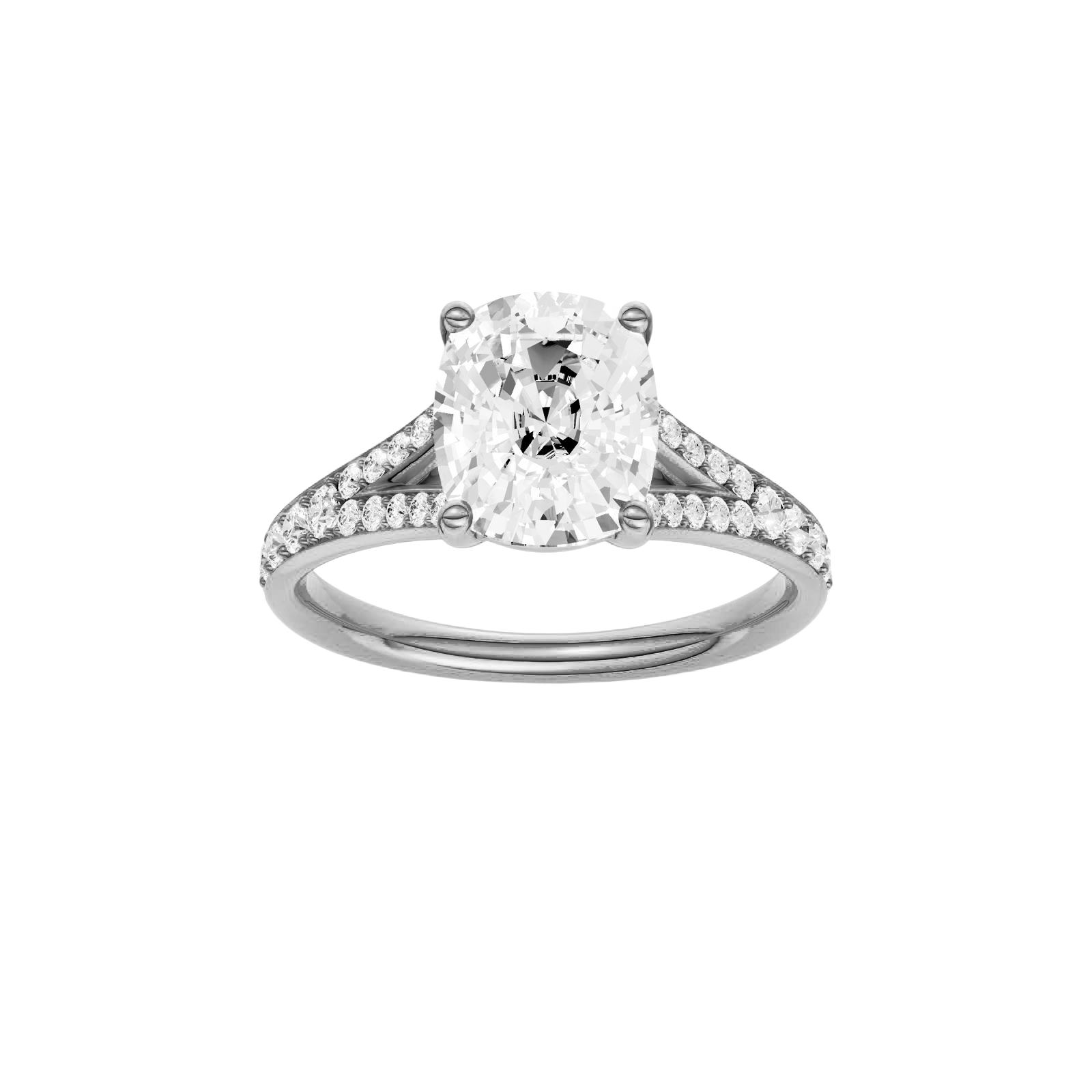 Elongated cushion-cut diamond engagement ring with a channel-set diamond band and solitaire setting.