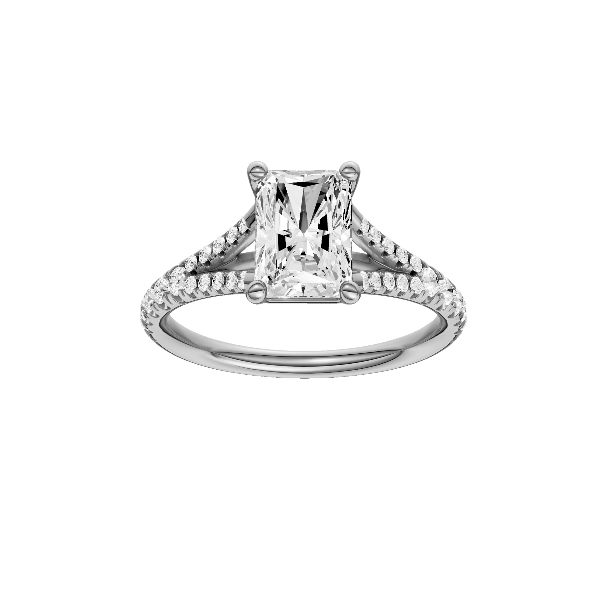 Radiant-cut diamond engagement ring with a prong-set diamond band and solitaire setting.