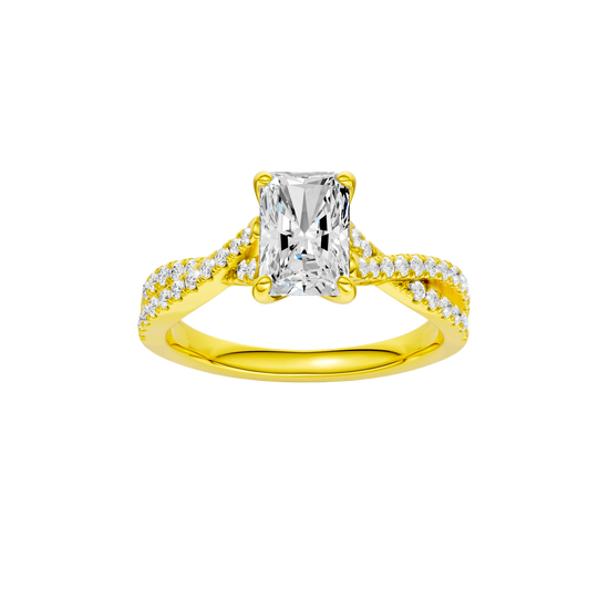 Radiant-cut diamond engagement ring in 14k yellow gold with a prong-set diamond band and twist setting