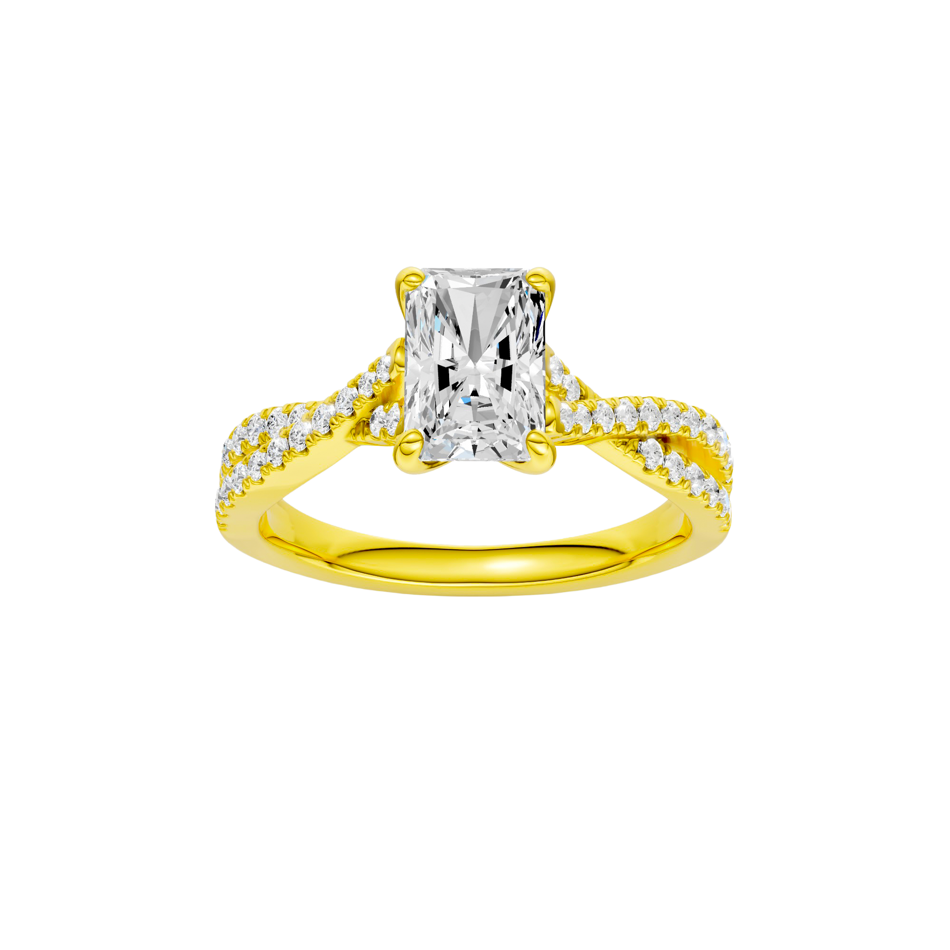 Radiant-cut diamond engagement ring in 14k yellow gold with a prong-set diamond band and twist setting