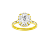 Elongated cushion-cut diamond engagement ring with a channel-set diamond band and halo setting.