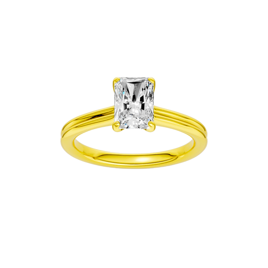 Radiant-cut diamond engagement ring with a plain band and solitaire setting.