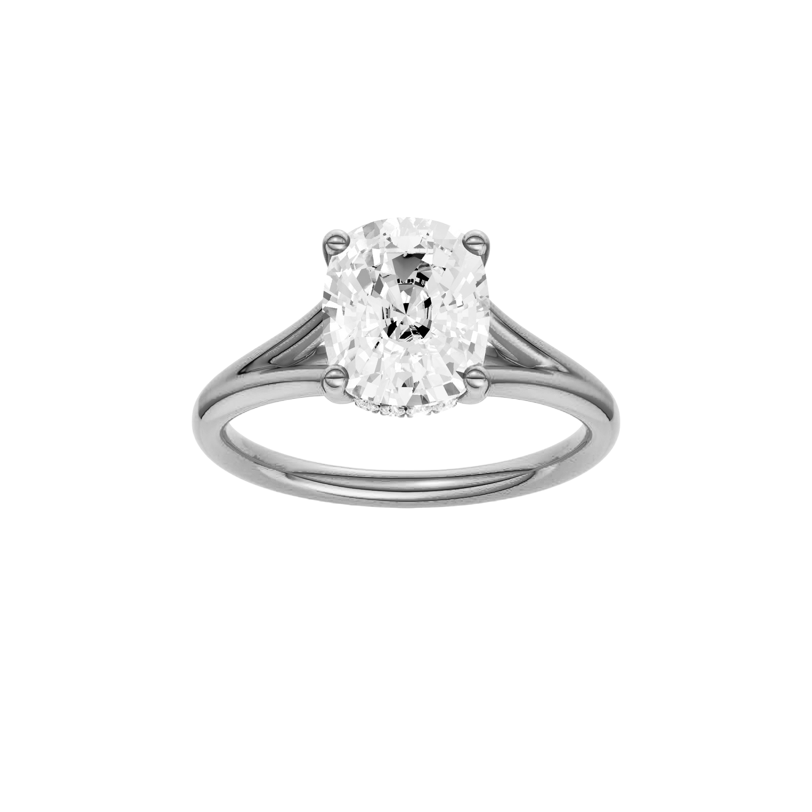 Elongated cushion-cut diamond engagement ring with a plain band and hidden-halo setting.