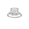 Princess-cut diamond engagement ring with a plain band and halo setting.