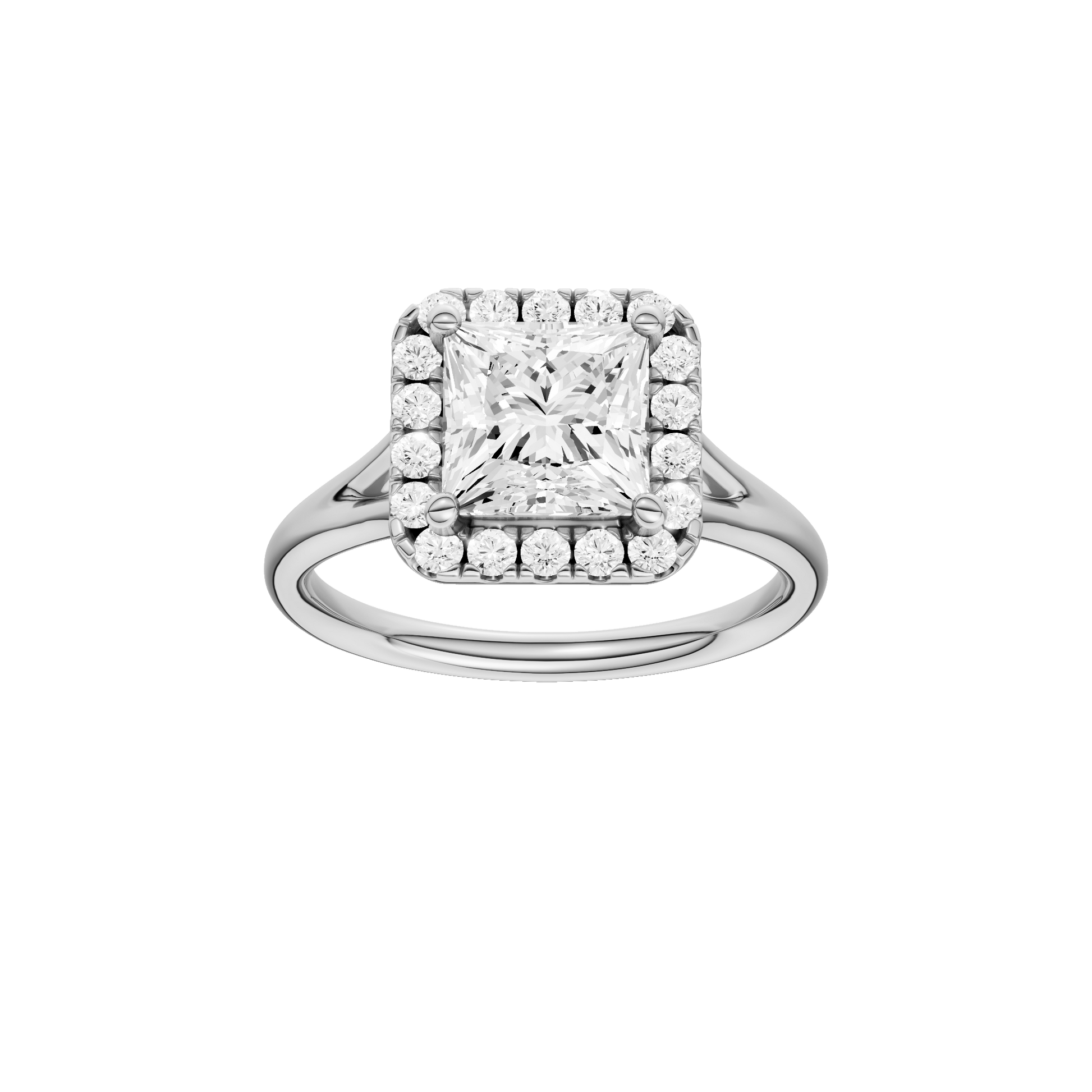 Princess-cut diamond engagement ring with a plain band and halo setting.