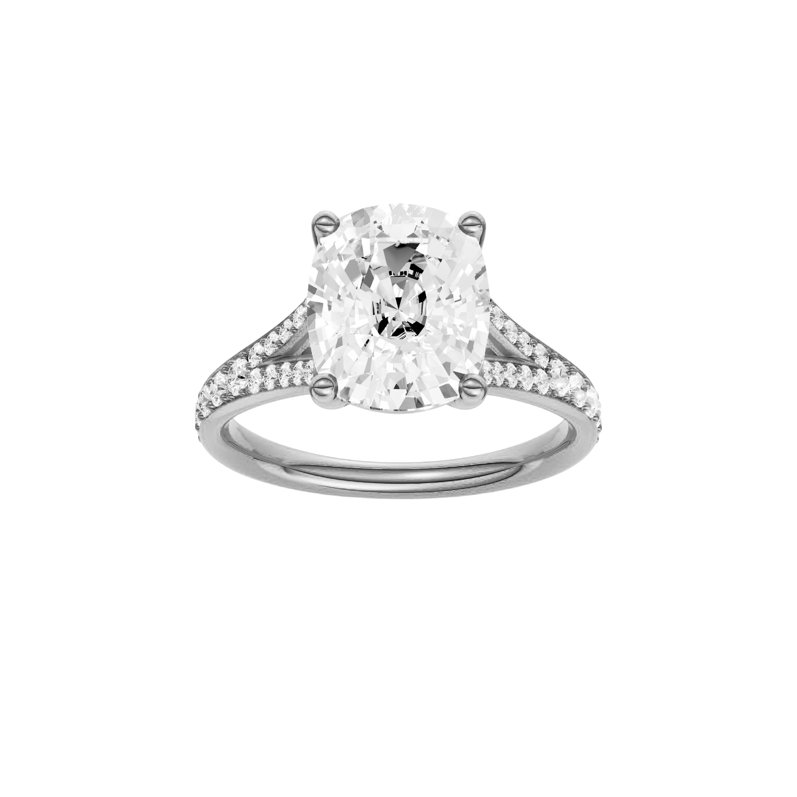 Elongated cushion-cut diamond engagement ring with a channel-set diamond band and solitaire setting.