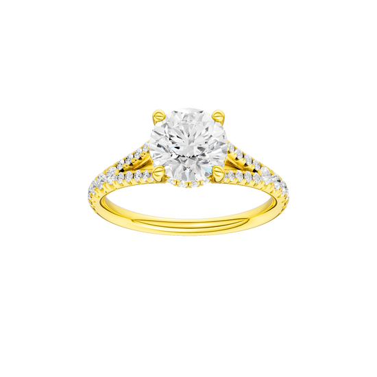 Round-cut diamond engagement ring with a prong-set diamond band and hidden-halo setting.