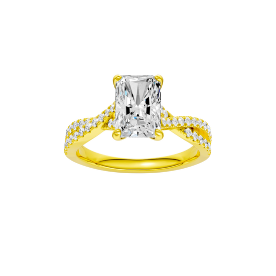 Radiant-cut diamond engagement ring in 14k yellow gold with a prong-set diamond band and twist setting