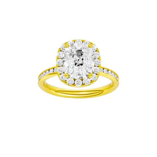Elongated cushion-cut diamond engagement ring with a channel-set diamond band and halo setting.