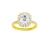 Elongated cushion-cut diamond engagement ring with a channel-set diamond band and halo setting.