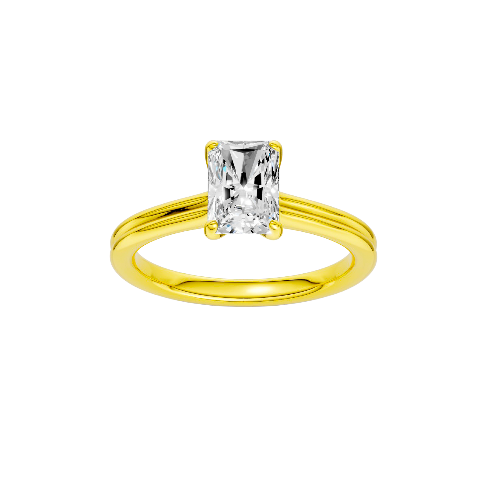 Radiant-cut diamond engagement ring with a plain band and solitaire setting.