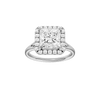 Princess-cut diamond engagement ring with a plain band and halo setting.