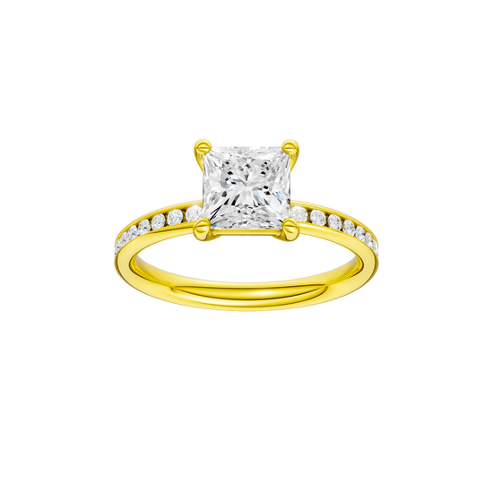 Princess-cut diamond engagement ring with a channel-set diamond band and solitaire setting.