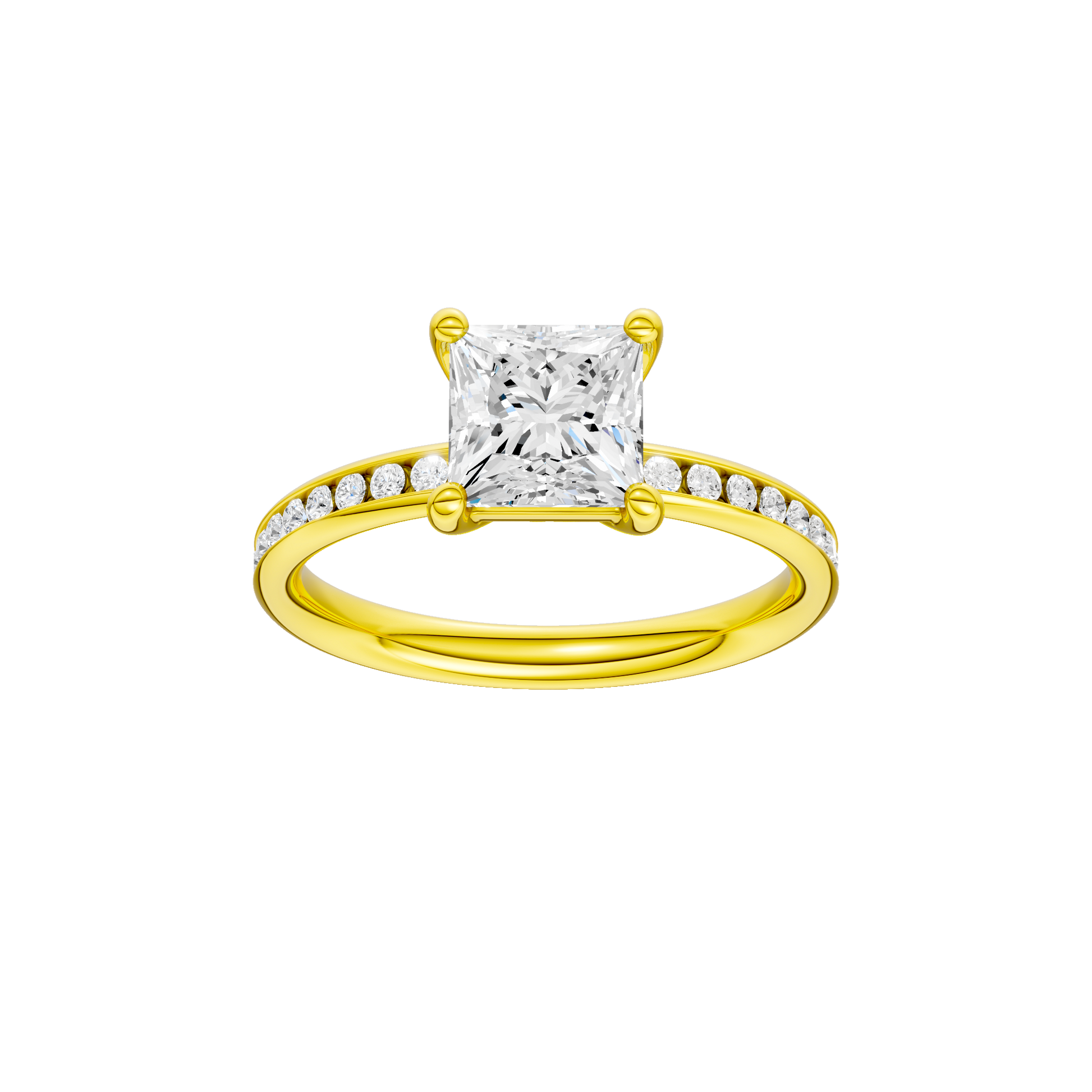 Princess-cut diamond engagement ring with a channel-set diamond band and solitaire setting.
