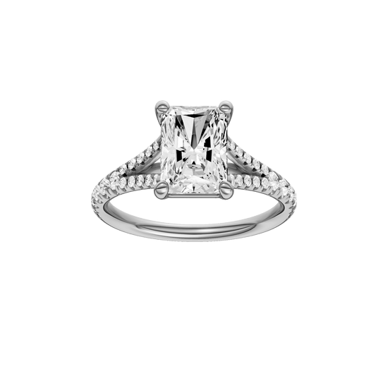 Radiant-cut diamond engagement ring with a prong-set diamond band and solitaire setting.
