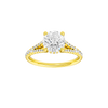 Round-cut diamond engagement ring with a prong-set diamond band and hidden-halo setting.