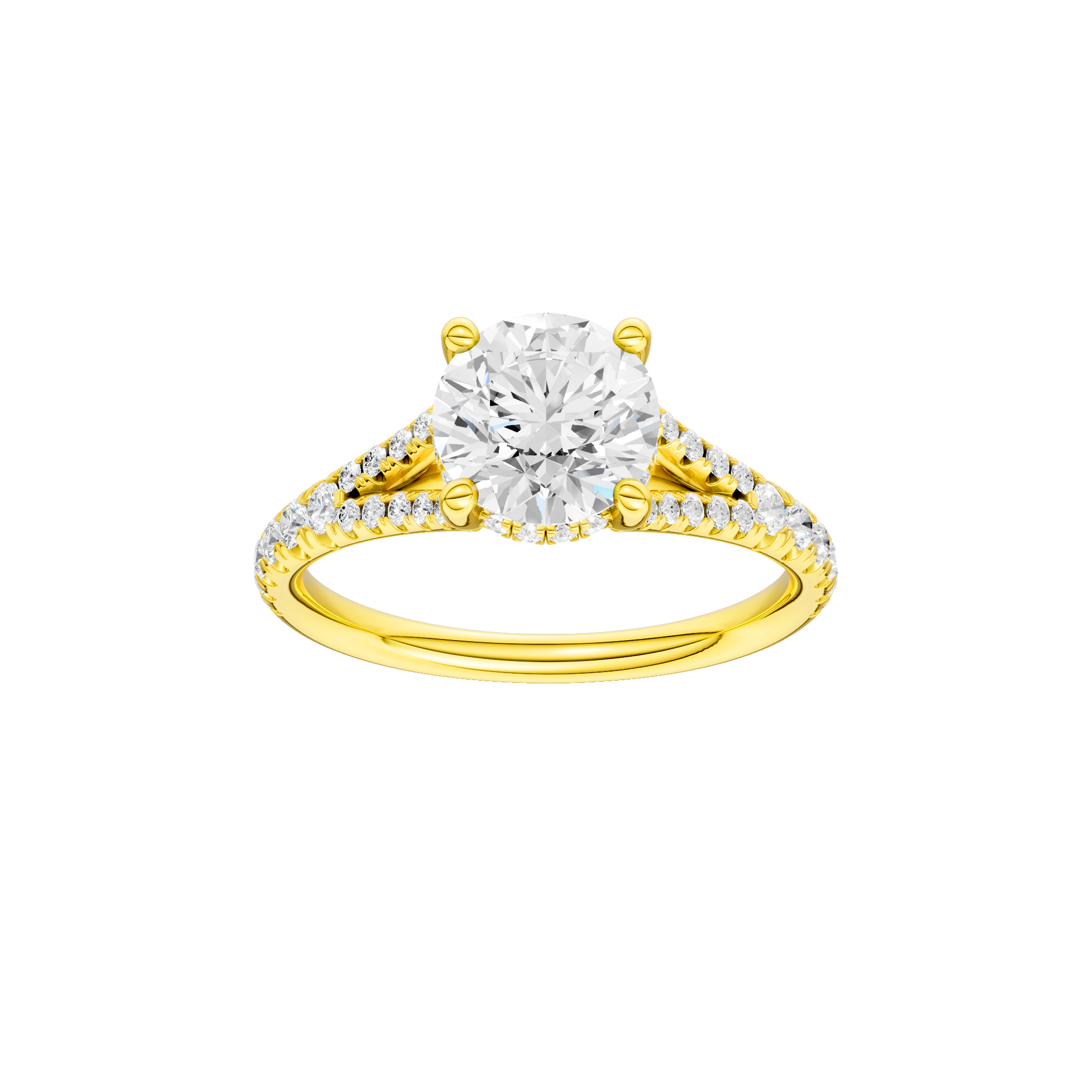 Round-cut diamond engagement ring with a prong-set diamond band and hidden-halo setting.