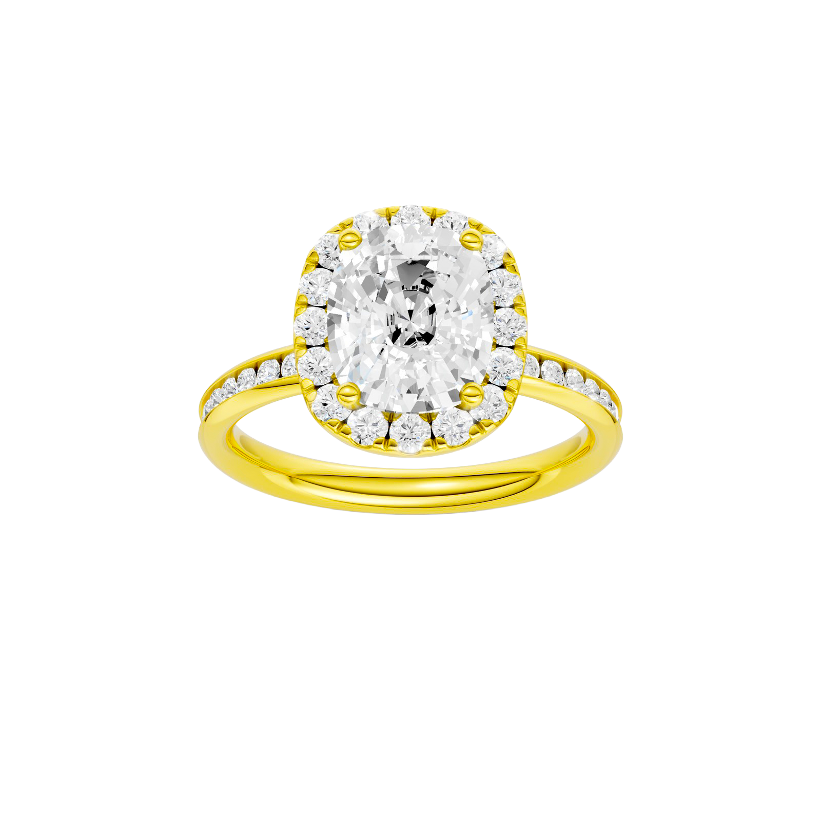 Elongated cushion-cut diamond engagement ring with a channel-set diamond band and halo setting.