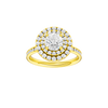 Round-cut diamond engagement ring with a channel-set diamond band and double-halo setting.