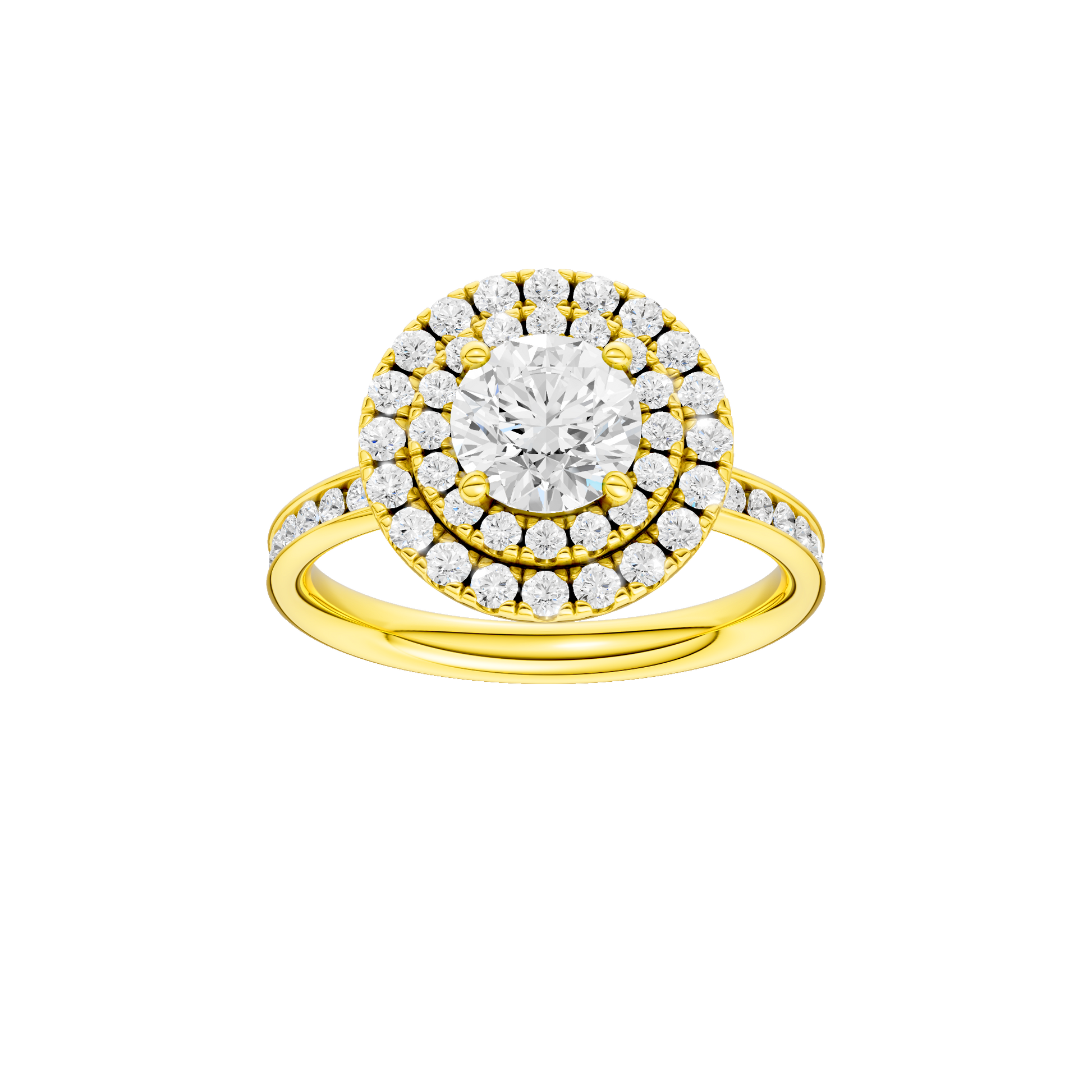 Round-cut diamond engagement ring with a channel-set diamond band and double-halo setting.