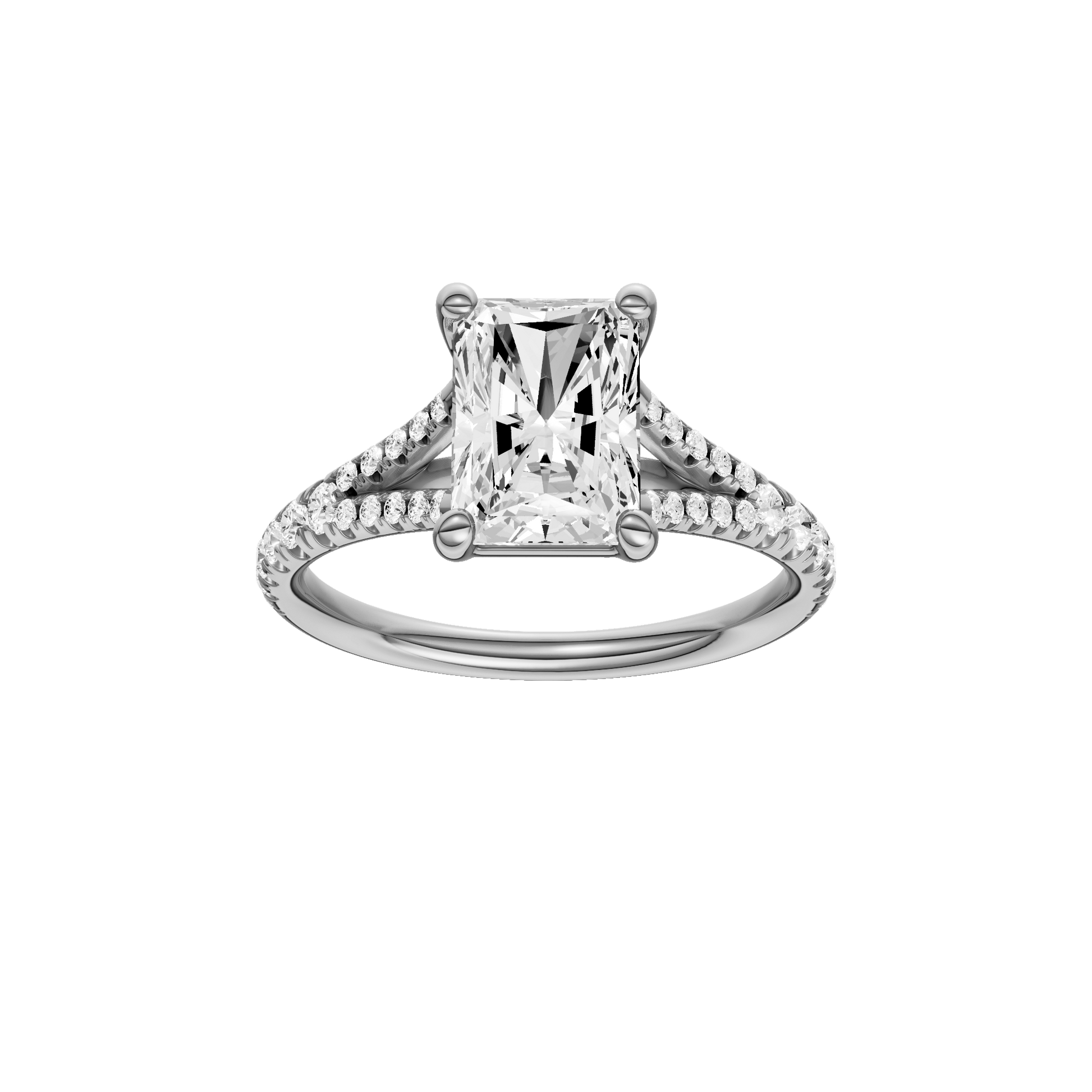 Radiant-cut diamond engagement ring with a prong-set diamond band and solitaire setting.