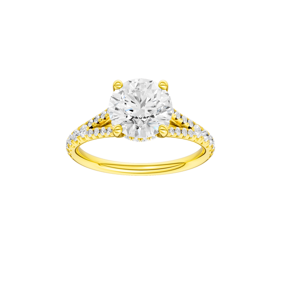Round-cut diamond engagement ring with a prong-set diamond band and hidden-halo setting.