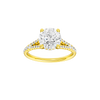 Round-cut diamond engagement ring with a prong-set diamond band and hidden-halo setting.