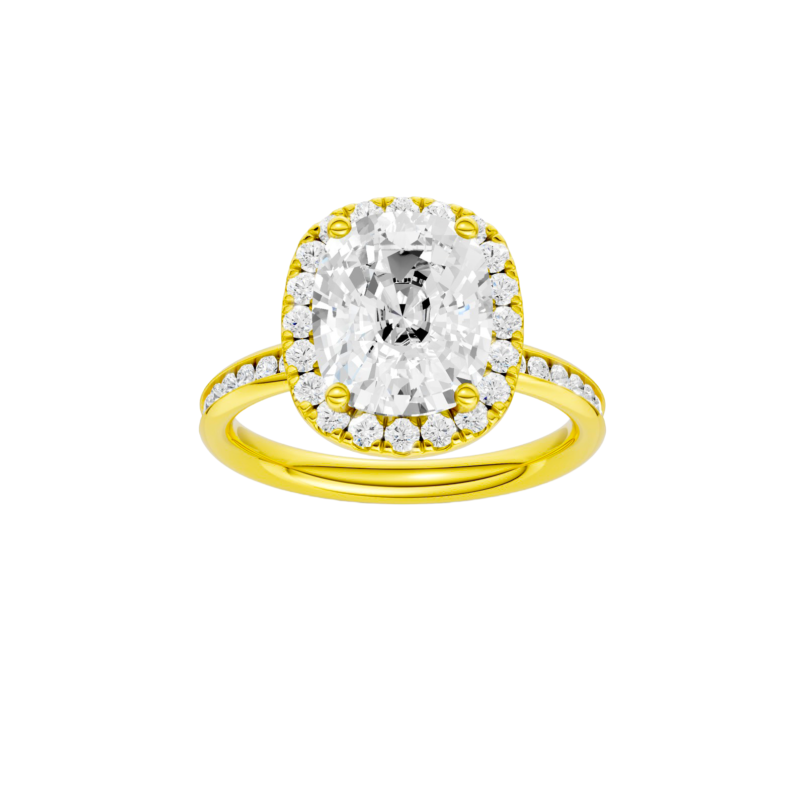 Elongated cushion-cut diamond engagement ring with a channel-set diamond band and halo setting.