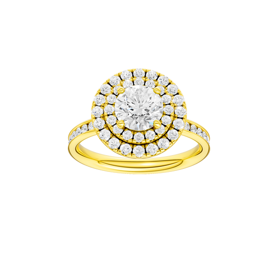 Round-cut diamond engagement ring with a channel-set diamond band and double-halo setting.
