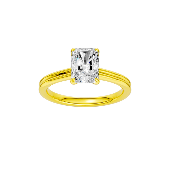 Radiant-cut diamond engagement ring with a plain band and solitaire setting.
