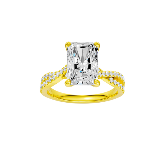 Radiant-cut diamond engagement ring in 14k yellow gold with a prong-set diamond band and twist setting