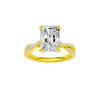 Radiant-cut diamond engagement ring in 14k yellow gold with a prong-set diamond band and twist setting