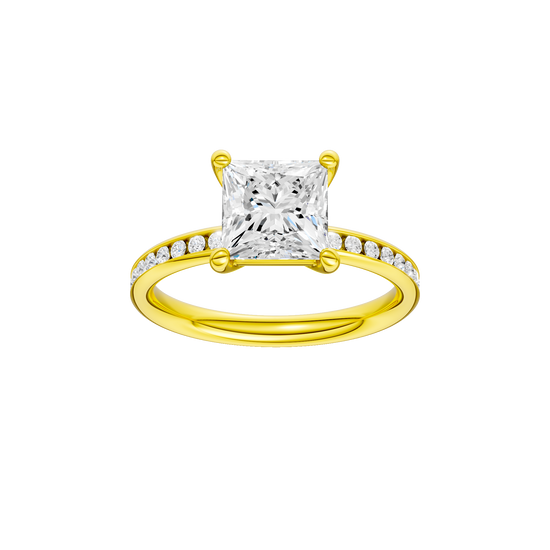 Princess-cut diamond engagement ring with a channel-set diamond band and solitaire setting.