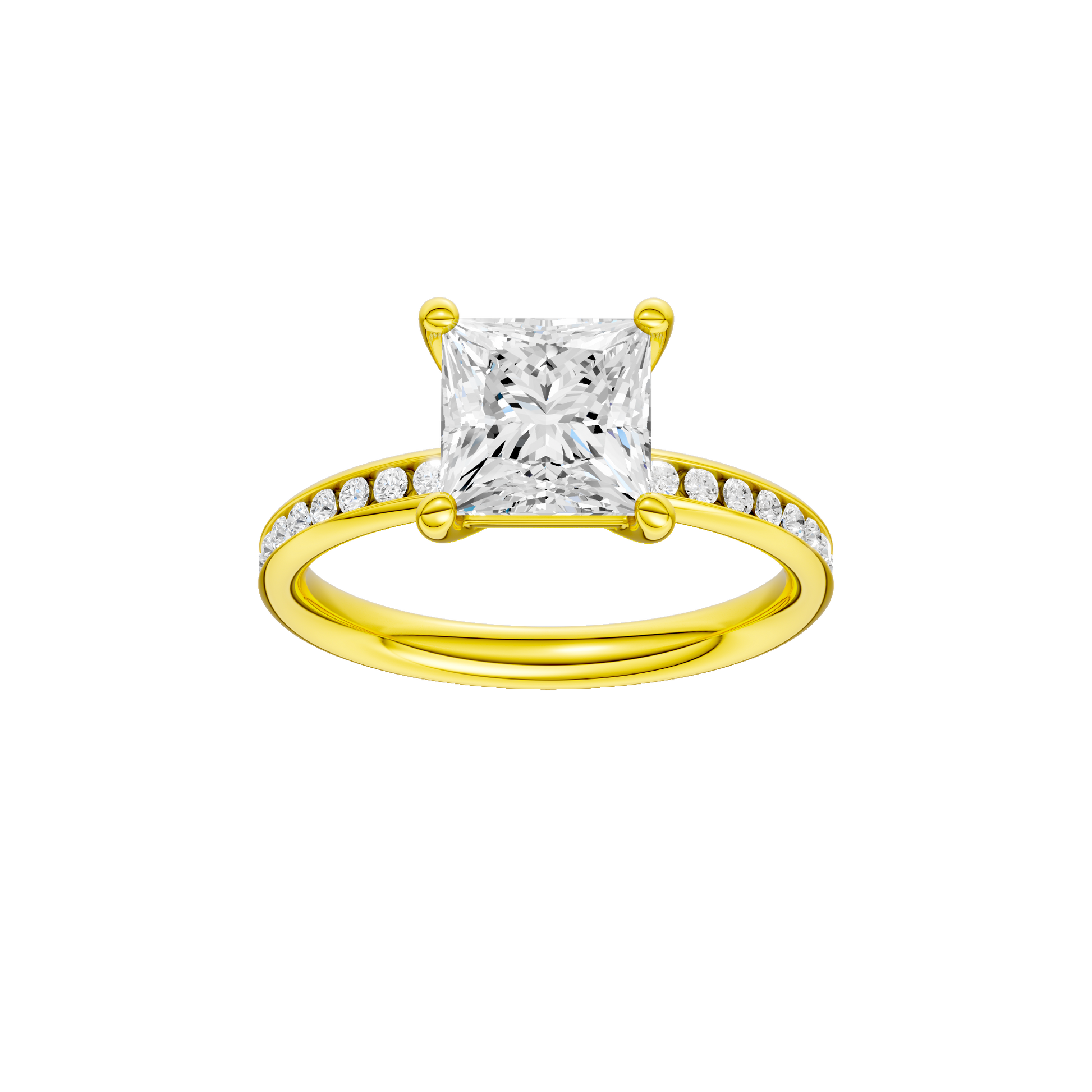 Princess-cut diamond engagement ring with a channel-set diamond band and solitaire setting.