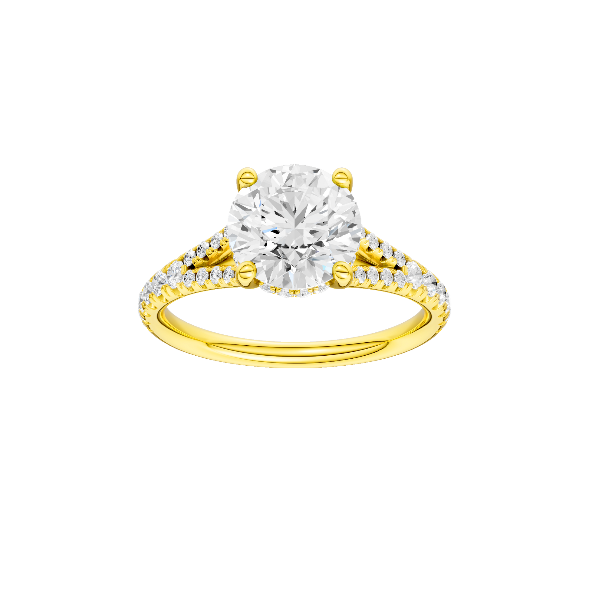 Round-cut diamond engagement ring with a prong-set diamond band and hidden-halo setting.