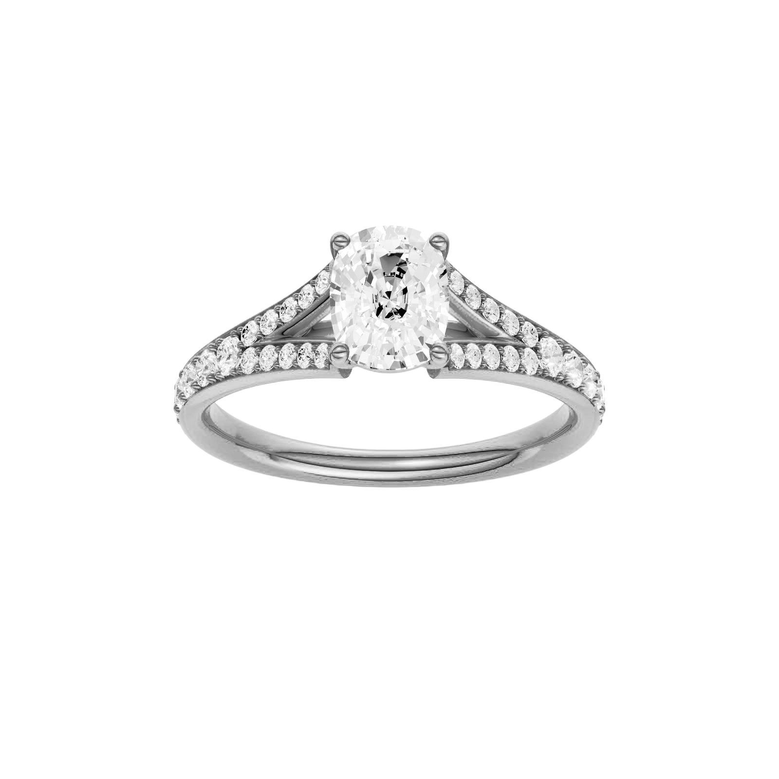Elongated cushion-cut diamond engagement ring with a channel-set diamond band and solitaire setting.
