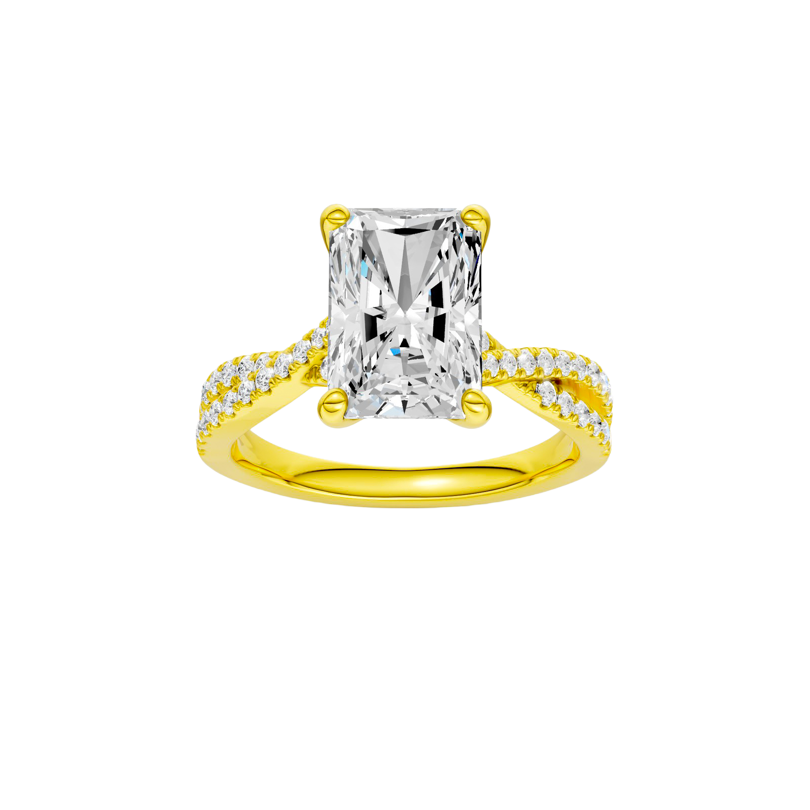 Radiant-cut diamond engagement ring in 14k yellow gold with a prong-set diamond band and twist setting