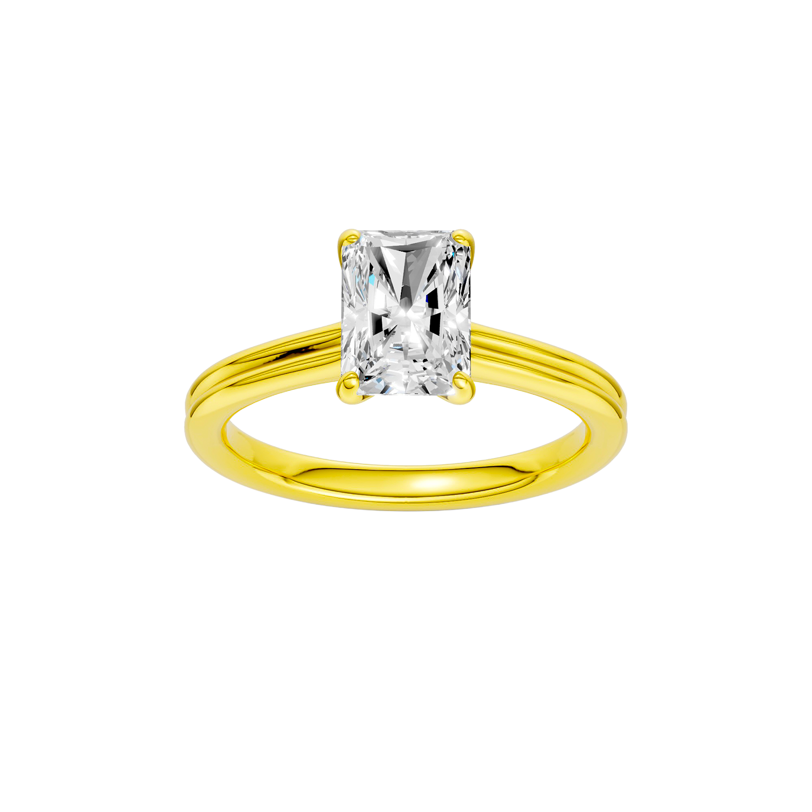 Radiant-cut diamond engagement ring with a plain band and solitaire setting.