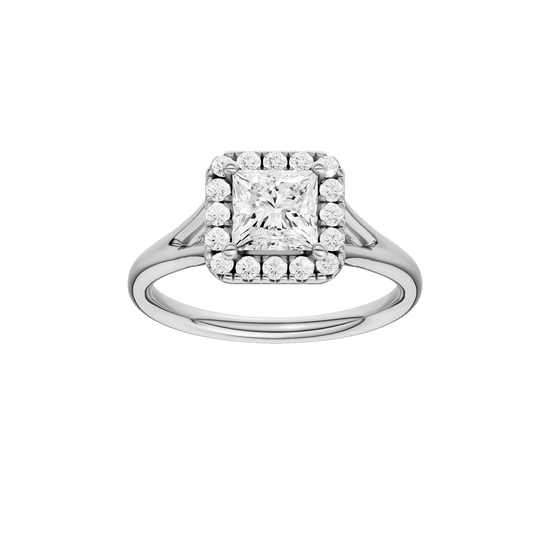 Princess-cut diamond engagement ring with a plain band and halo setting.
