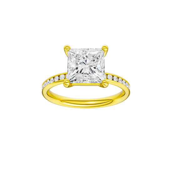 Princess-cut diamond engagement ring with a channel-set diamond band and solitaire setting.