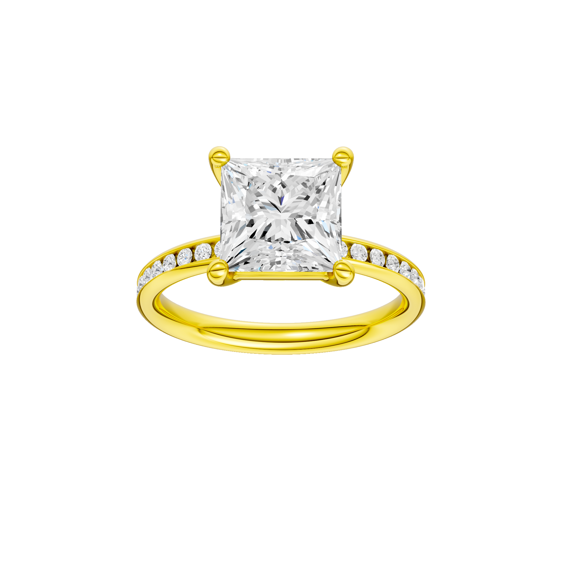 Princess-cut diamond engagement ring with a channel-set diamond band and solitaire setting.