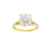 Round-cut diamond engagement ring with a prong-set diamond band and hidden-halo setting.