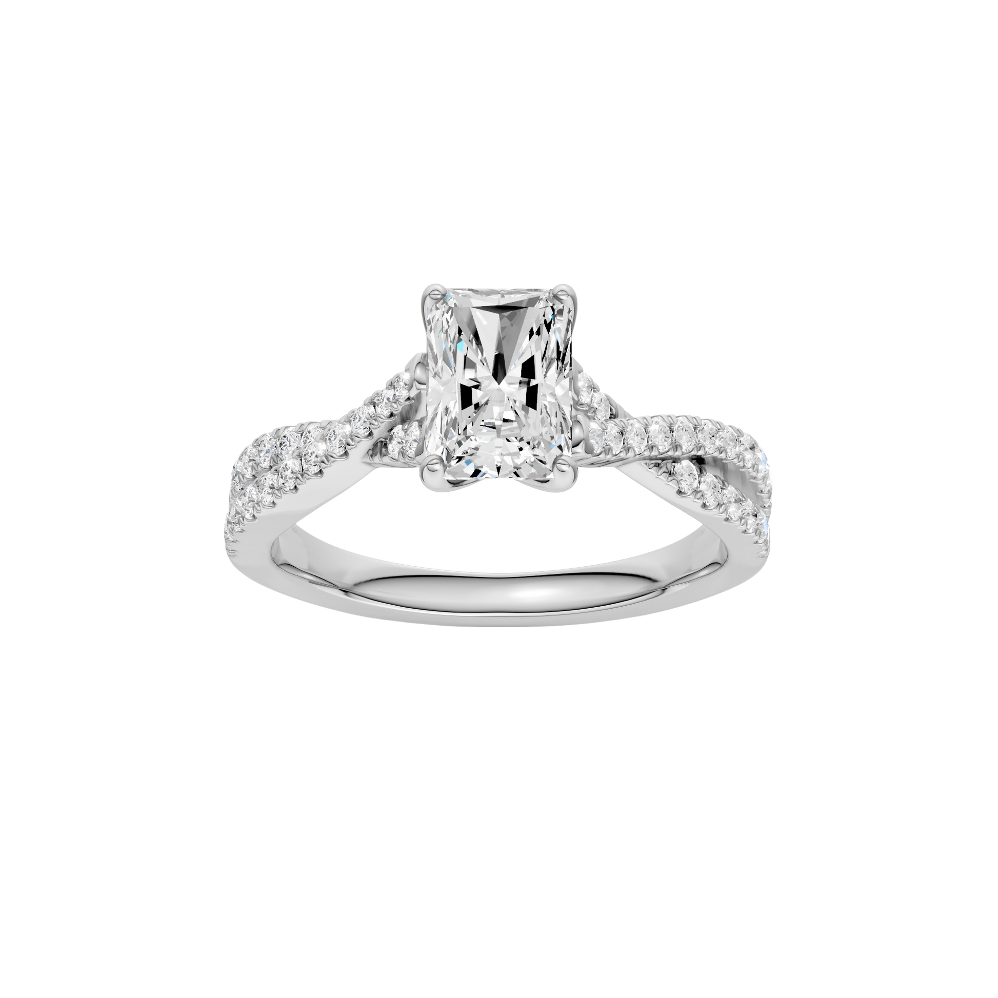 Radiant-cut diamond engagement ring in 14k white gold with a prong-set diamond band and twist setting