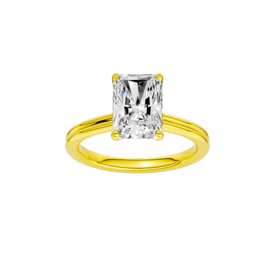 Radiant-cut diamond engagement ring with a plain band and solitaire setting.