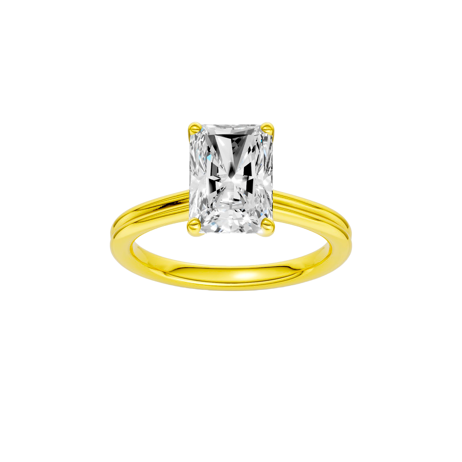 Radiant-cut diamond engagement ring with a plain band and solitaire setting.