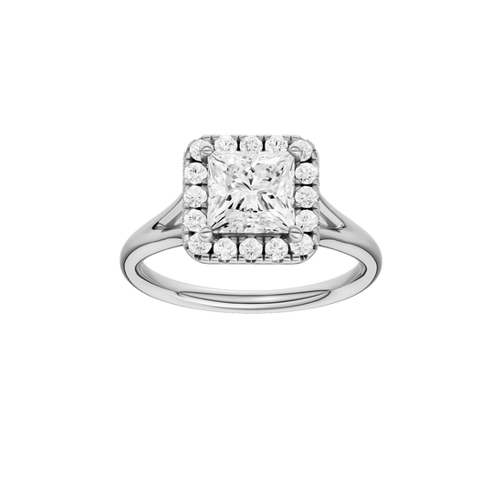 Princess-cut diamond engagement ring with a plain band and halo setting.