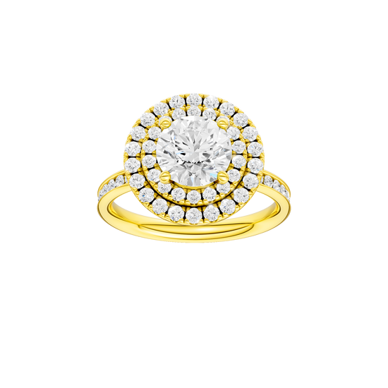 Round-cut diamond engagement ring with a channel-set diamond band and double-halo setting.