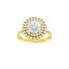Round-cut diamond engagement ring with a channel-set diamond band and double-halo setting.