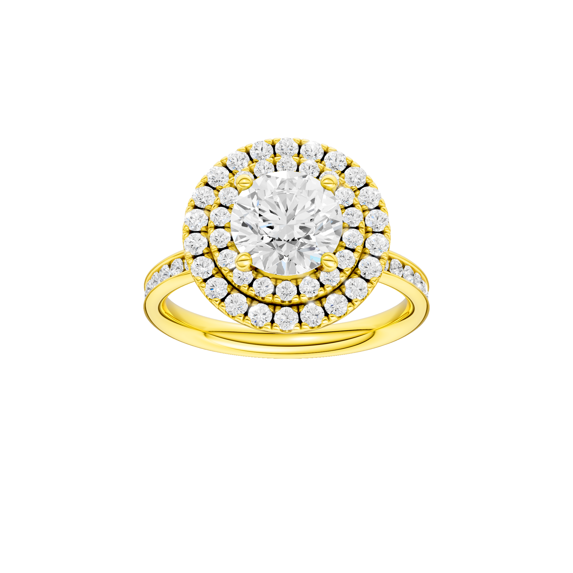 Round-cut diamond engagement ring with a channel-set diamond band and double-halo setting.