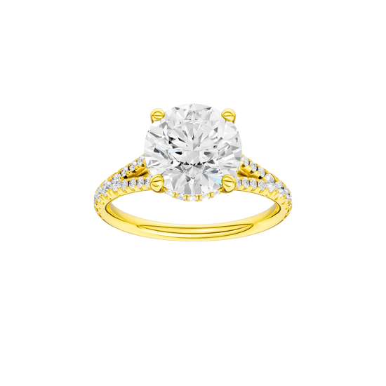 Round-cut diamond engagement ring with a prong-set diamond band and hidden-halo setting.
